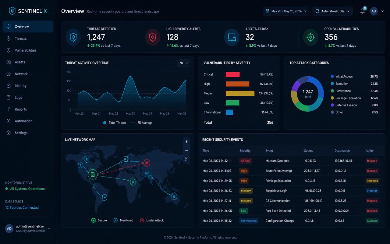 Cyber security analytics dashboard with threat activity, vulnerability severity and event log